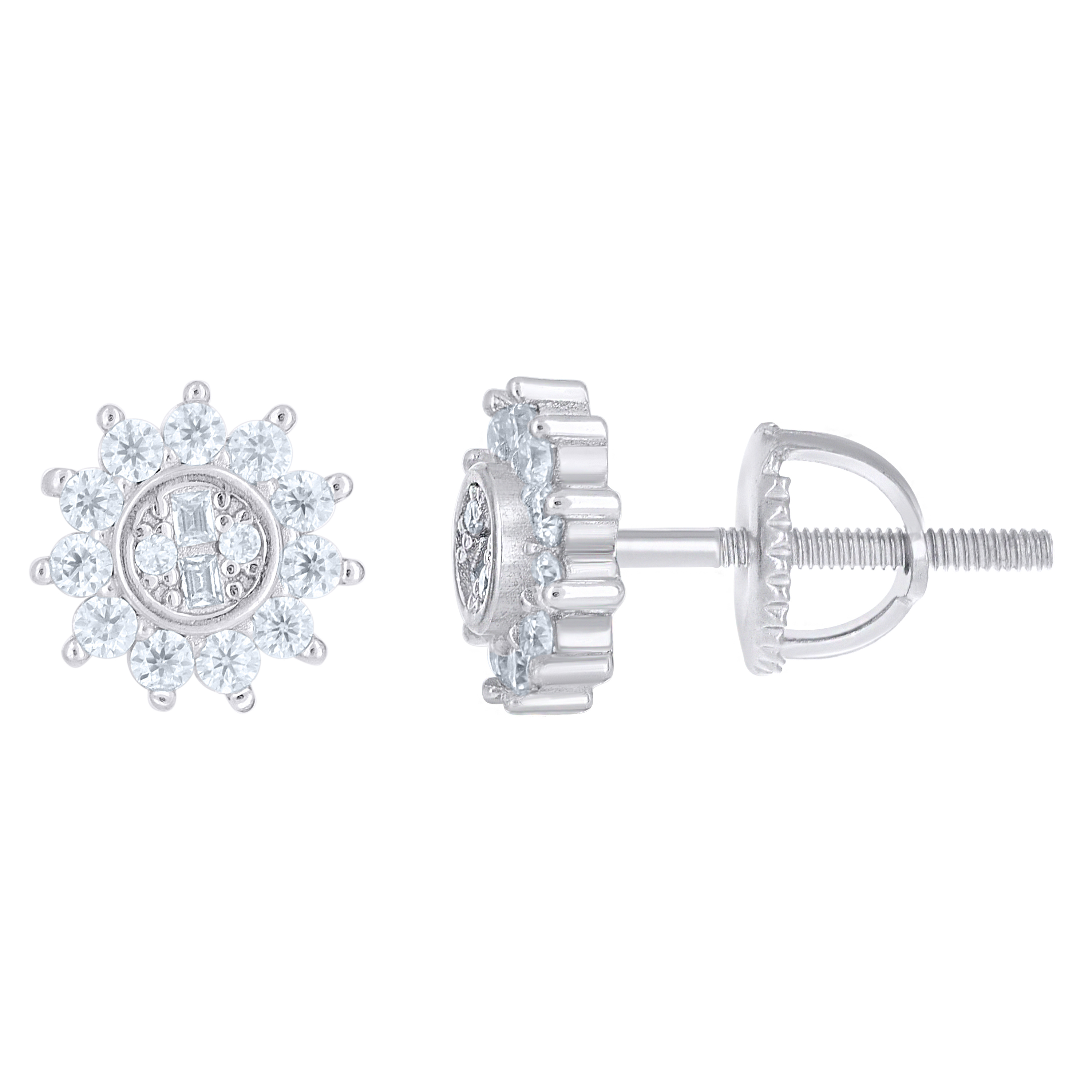 925 Sterling Silver Rnd Baguette 0.41ct Moissanite Sunburst Stud Earrings
